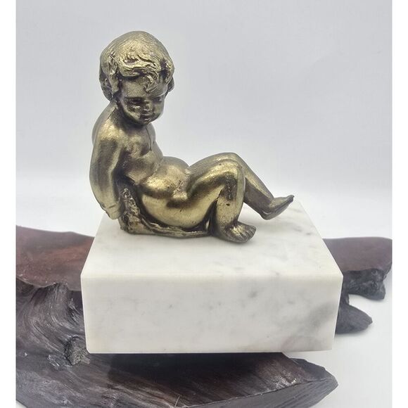 Brass Cherub Bookend Paperweight  Figurine on Marble Bases Regency - Picture 1 of 16